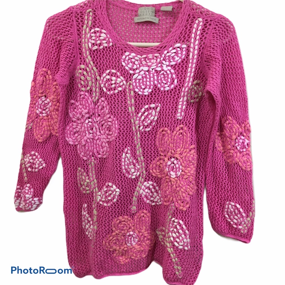 Sigrid Olsen Open Weave Linen Cotton Sweater Size Small